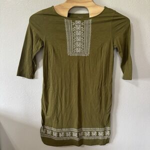 Garnet Hill Embroidered‎ Boatneck Knit Dress Size Medium Olive Green 3/4 Sleeve